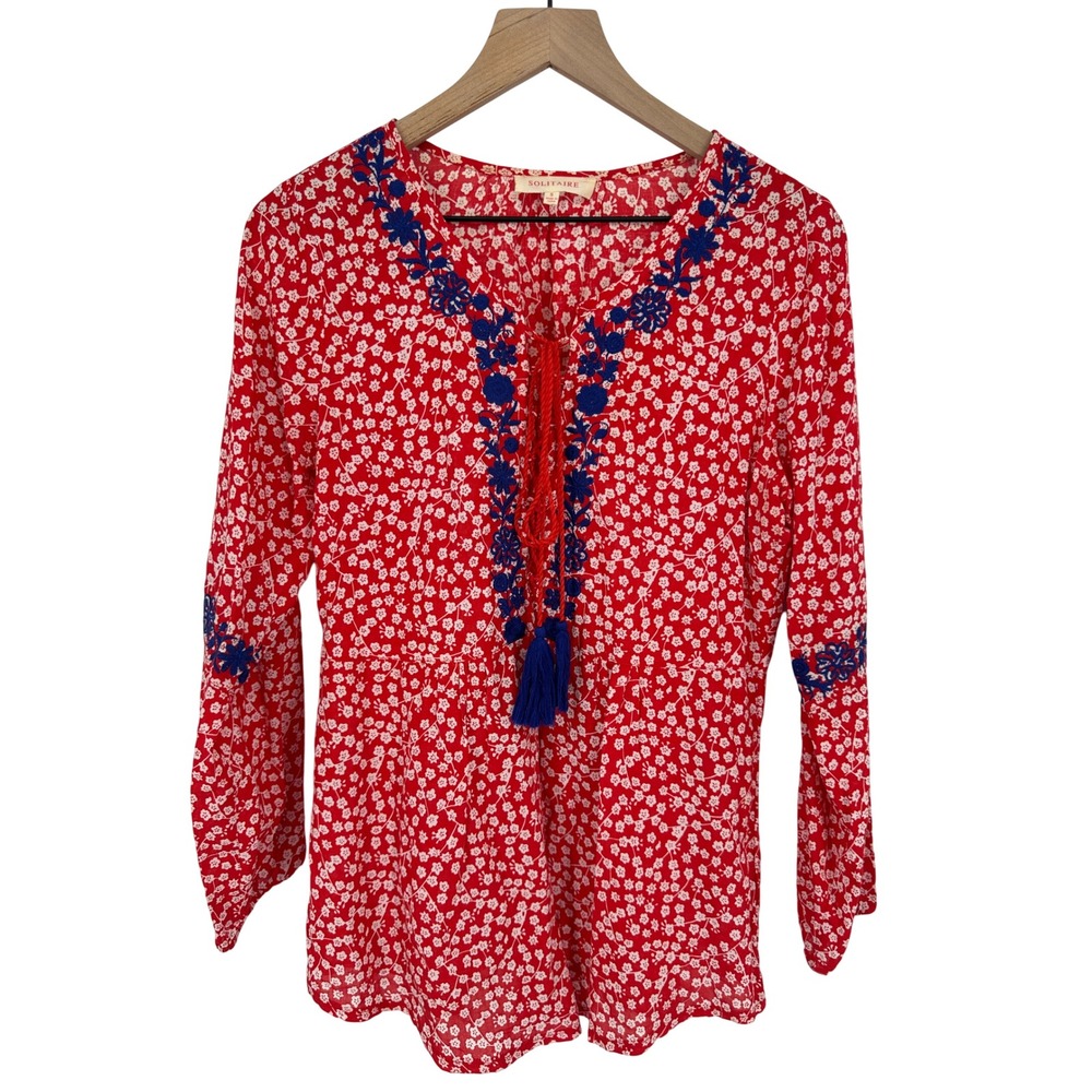 Solitaire Top Womens Small Red Floral Embroidered Tassel V-Neck Peasant Blouse